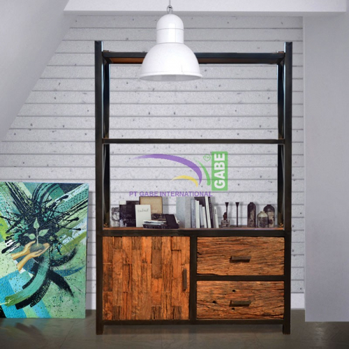 Iron and Wood bookcase 1 door 2 drawers
